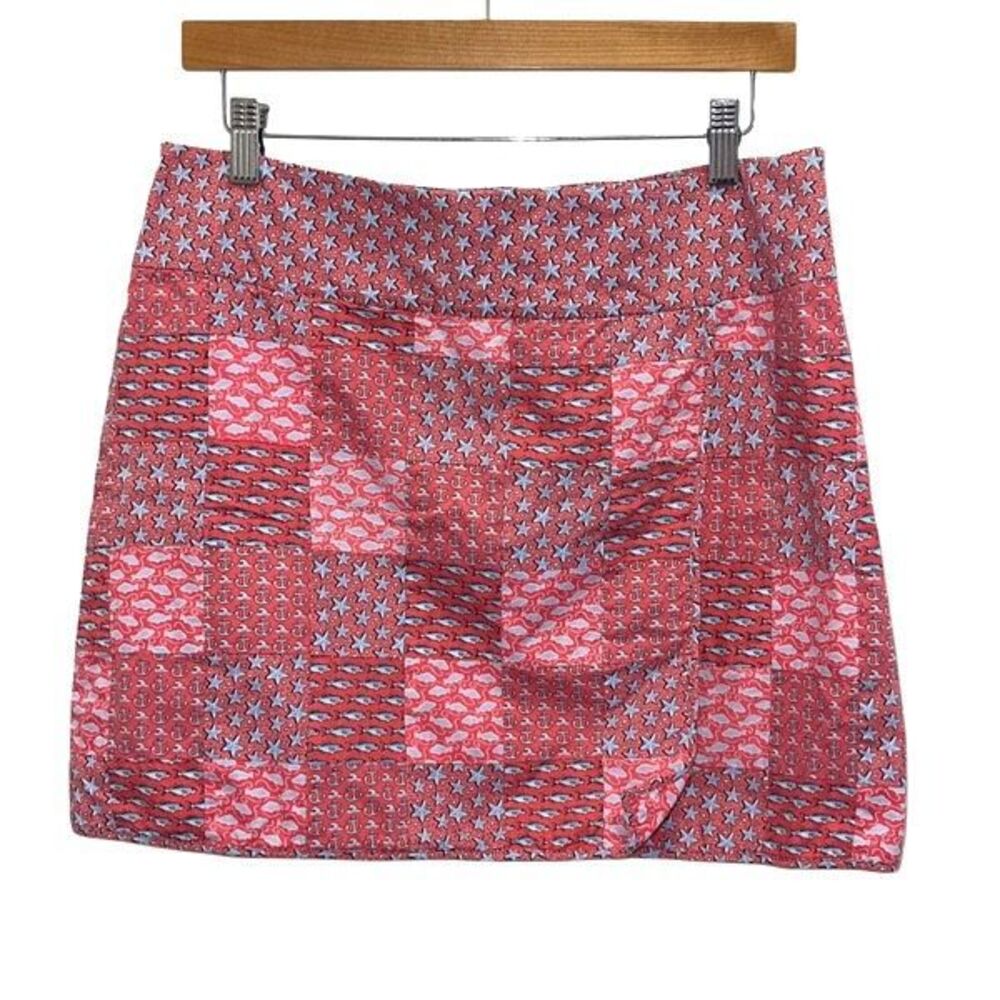 Vineyard Vines Women Fish Anchor Sea Print Patchwork Nautical Faux Wrap Skirt Si